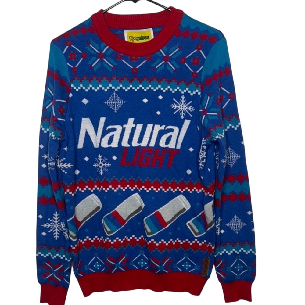 Tipsy Elves Blue and Red Crewneck Sweater Festive Design